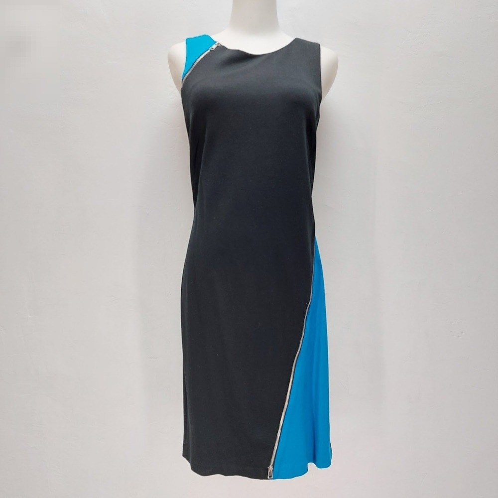 DKNY Sheath Dress Women's 2 Black Blue Edgy Colorblock Zipper Accents Sleeveless
